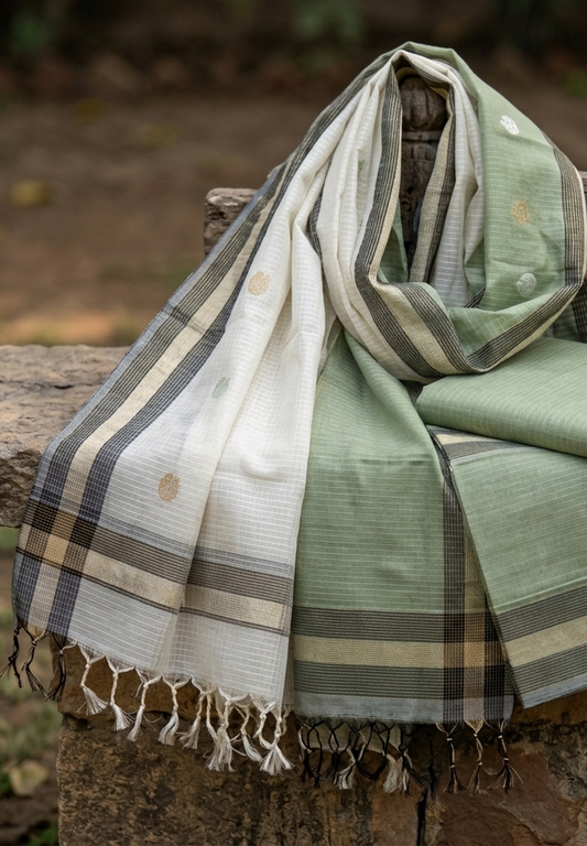 Maheshwari Muse: Handloom Kurta fabric with dupatta - Pistachio Green with Ivory Zari