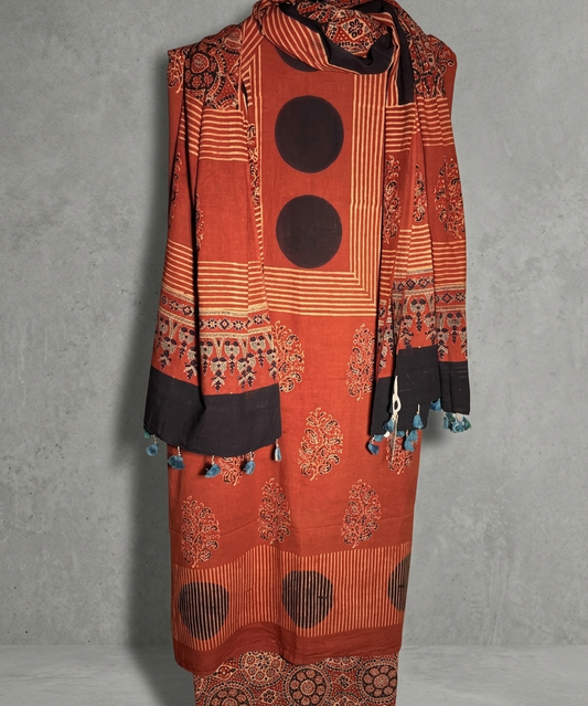 Ajrakh Hand Block Print Cotton 3 Piece Suit Set Fabric- Madder & Iron Black