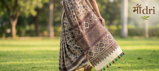 Ajrakh Saree · Cream beige with Indigo Floral & Geometric Borders