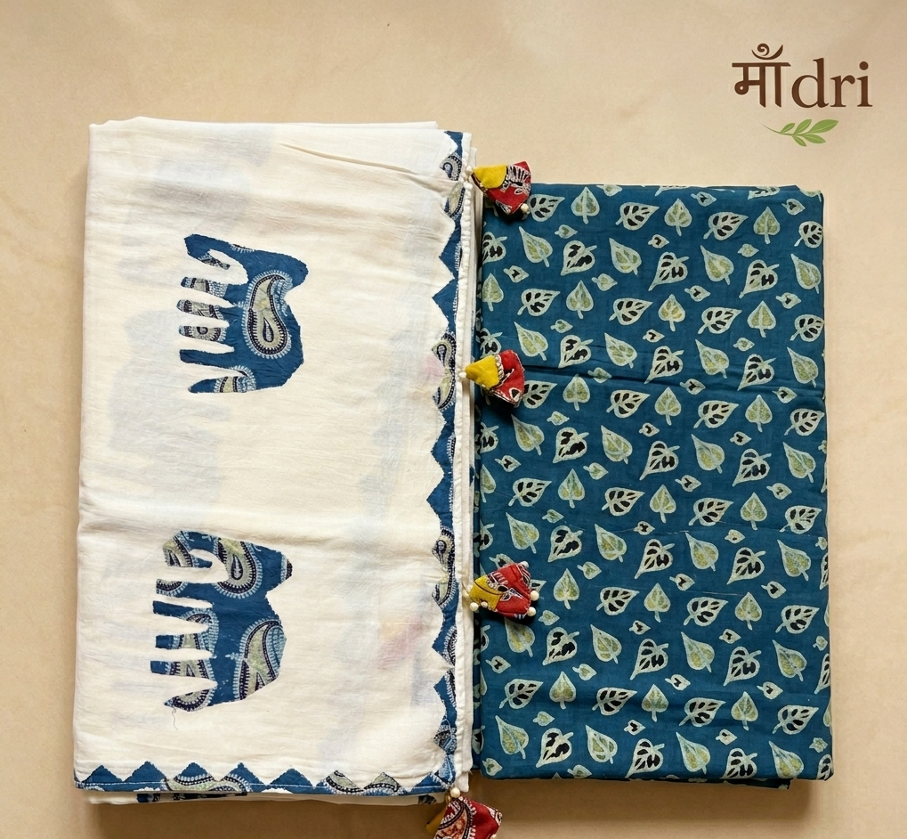 Ajrakh × Appliqué · Unstitched Kurta Set · Rich Indigo