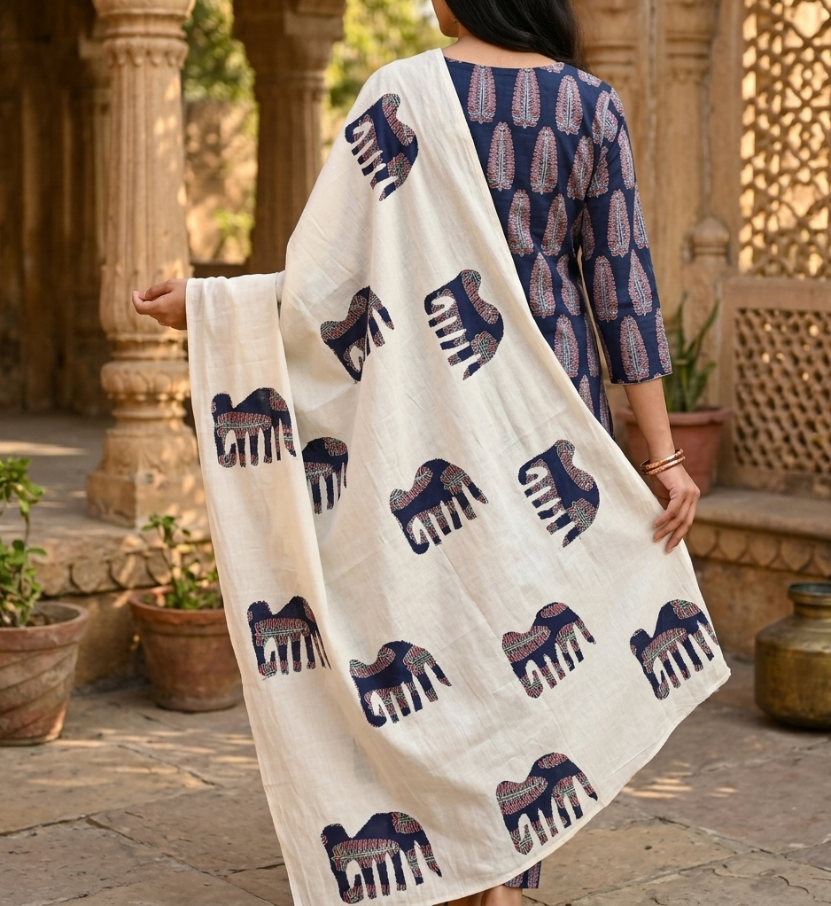 Ajrakh × Appliqué · Unstitched Kurta Set · Rich Indigo II