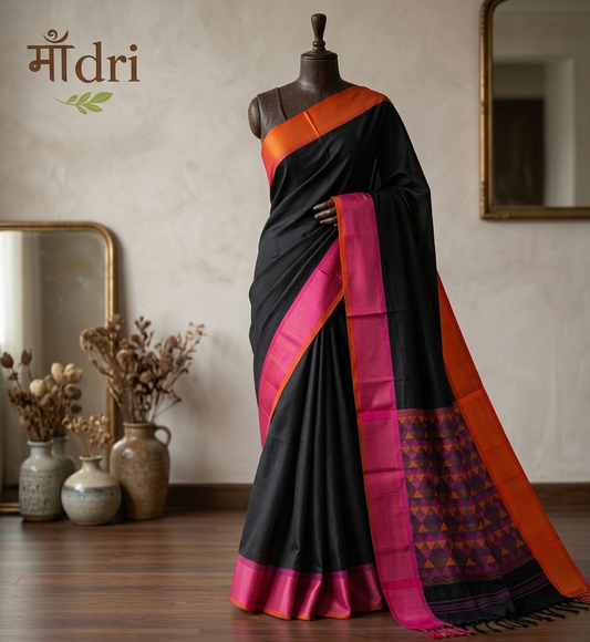 Maheshwari Saree · Ganga Jamuna · Black with Pink & Orange