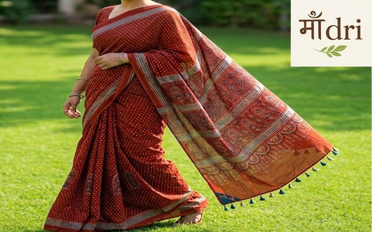 Ajrakh Saree · Terracotta Red with Indigo & Blue Tassels