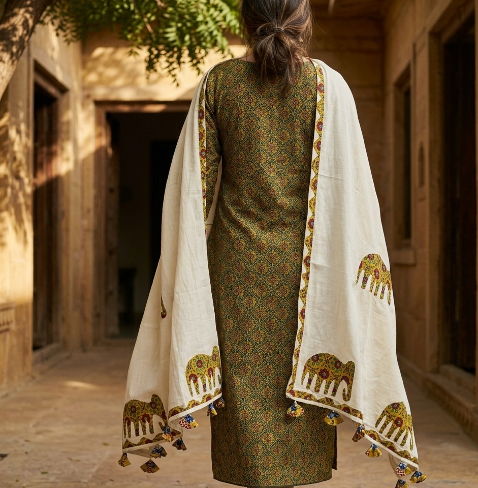 Ajrakh × Appliqué · Unstitched Kurta Set · Mustard & Green