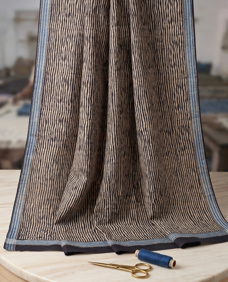 Ajrakh Saree · Charcoal Black with Rust & Ivory Panels