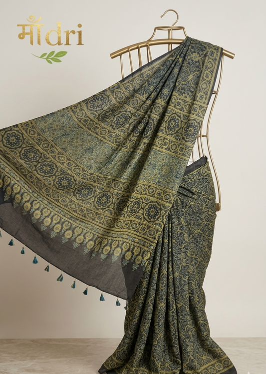 Ajrakh Saree · Charcoal Black with Gold & Olive Medallions