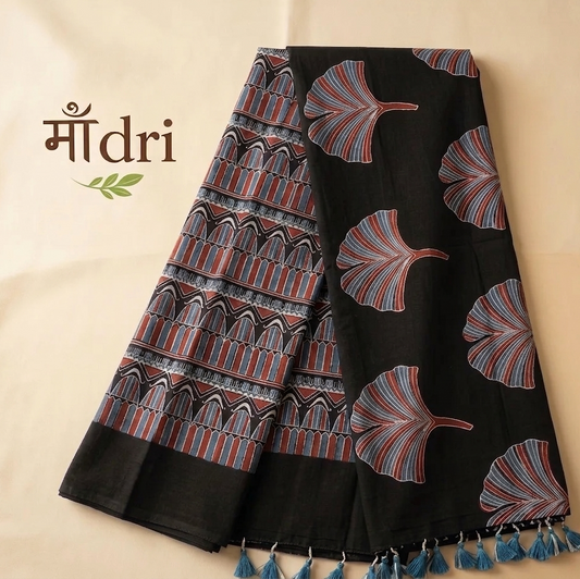Ajrakh Saree · Black with Fan Leaf Motifs & Blue Tassels