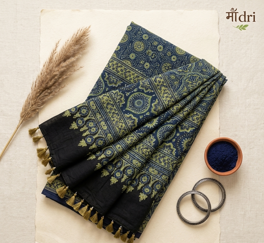 Ajrakh Saree · Indigo with Mustard & Olive