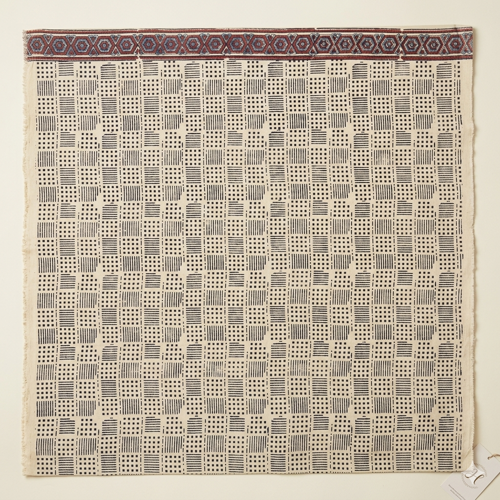 Ajrakh Saree · Cream beige with Indigo Floral & Geometric Borders