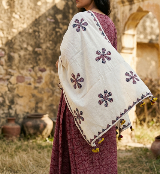 Ajrakh × Appliqué · Unstitched Kurta Set · Maroon Pink I