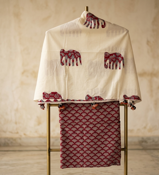 Ajrakh × Appliqué · Unstitched Kurta Set · Maroon Pink II