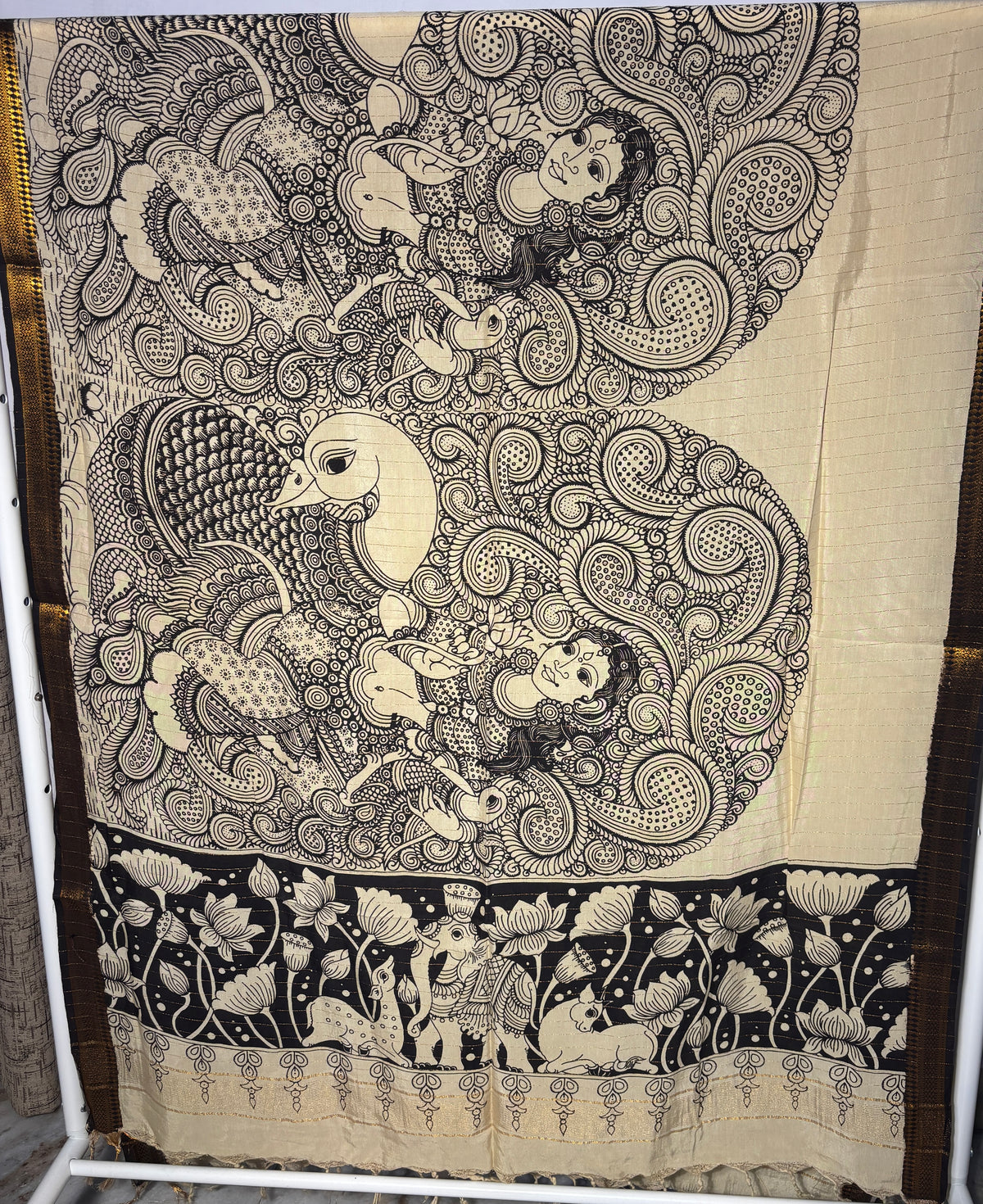 Bangalore Silk Kalamkari Hand-Painted Dupatta - Peacock & Lotus, Ivory and Black
