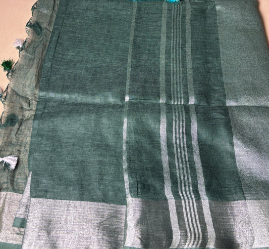 Linen : Forest & Silver · Handwoven Linen Tissue Saree · Pine Green with Turquoise Blouse