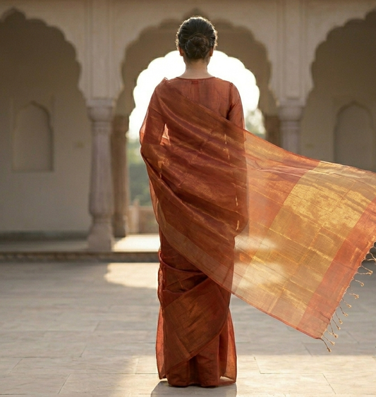 Maheshwari Tissue Saree · Burnt Red