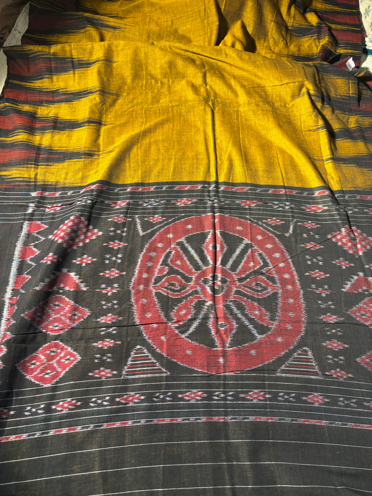 Handwoven Konark Chakra Sambalpuri Ikat Saree - Turmeric & Charcoal