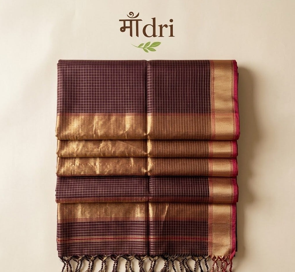 Maheshwari Saree · Royal Wine with Gold Zari Border