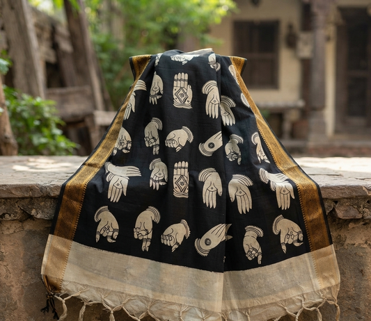 Hastamudra - Black Bangalore Silk Kalamkari Dupatta with Zari Border