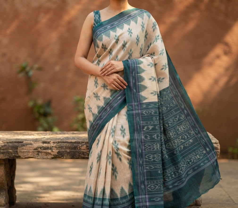 andwoven Sambalpuri Ikat Cotton Saree in Ivory & Peacock Teal