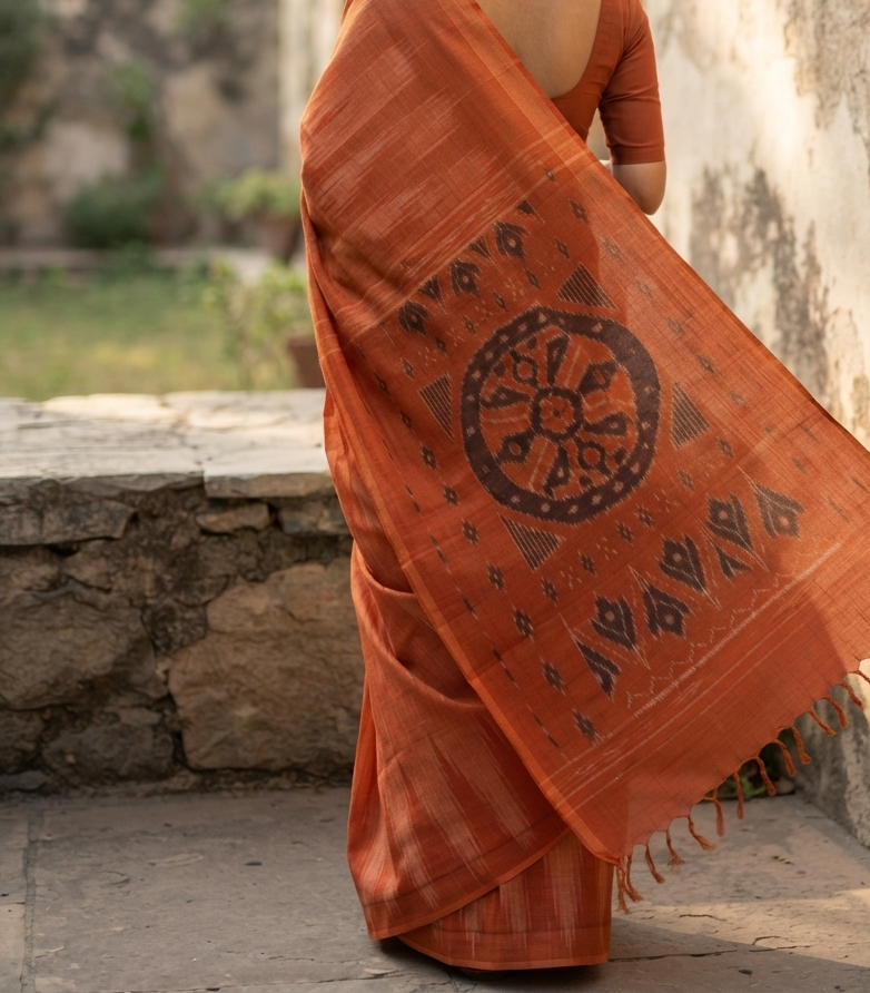 Sambalpuri Ikat Cotton Saree - Rust Orange with Charcoal Wheel Medallion Pallu