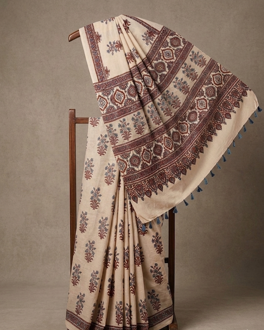Ajrakh Saree · Cream-Beige with Rust & Indigo