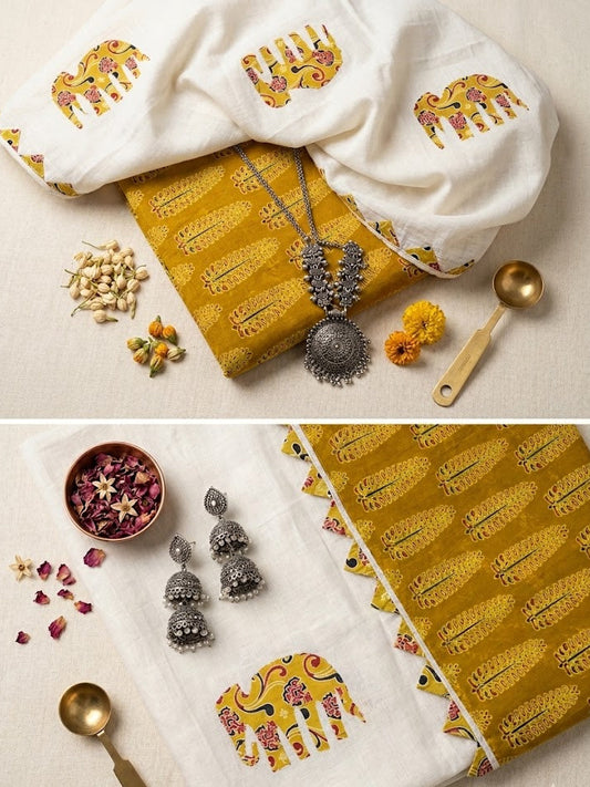 Ajrakh × Appliqué · Unstitched Kurta Set · Mustard