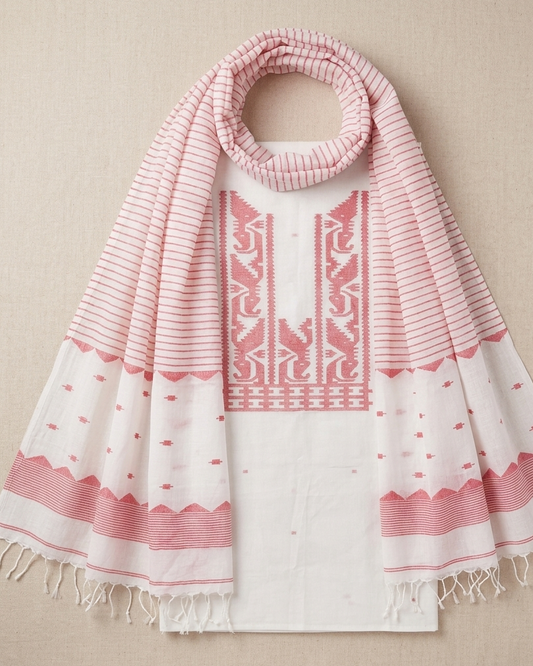Handwoven Jamdani Kurta Fabric with Dupatta — Ivory & Madder Red