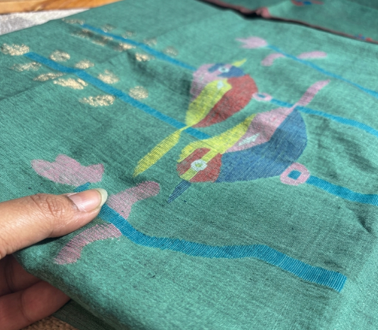 Jamdani Handwoven Cotton Kurta Fabric with Dupatta - Sea Green & Rust Birds