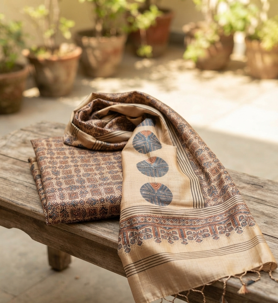 Ajrakh Tussar Unstitched Kurta Fabric with Dupatta - Rust with Indigo on Natural Beige