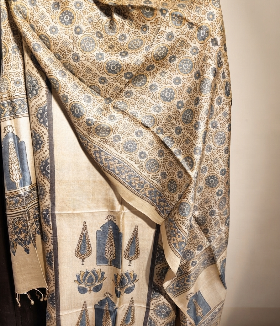 Ajrakhpur Handwoven/ Hand Block Printed Tussar Silk kurta fabric with dupatta ,Indigo & Ochre