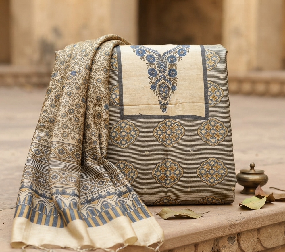 Ajrakh HandWoven Tussar Kurta & Dupatta, Indigo & byrd beige
