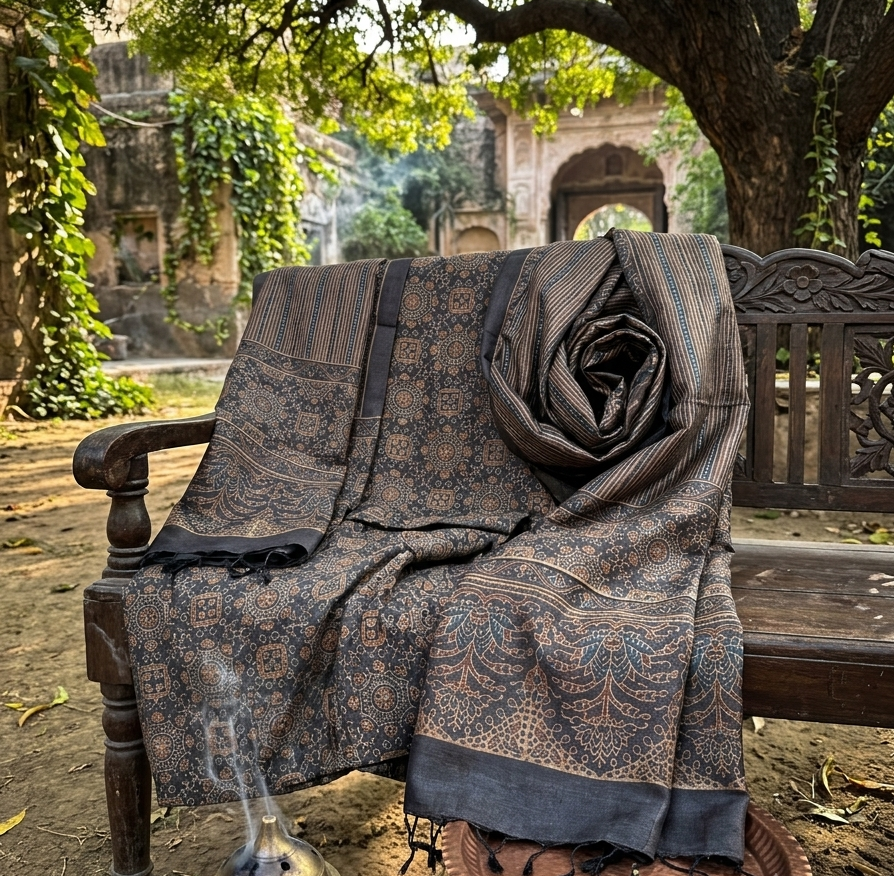 Ajrakh Hand Block Printed Tussar Silk kurta fabric with dupatta: Charcoal grey ground with ecru
