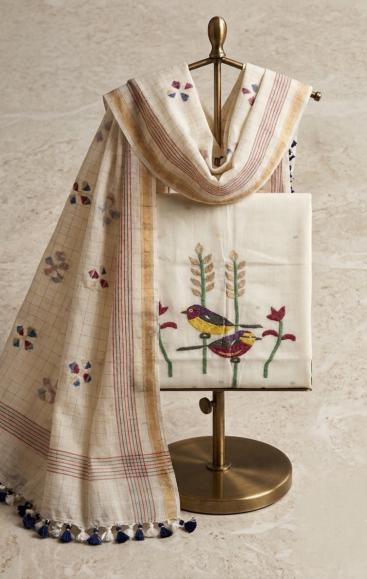 Handwoven Cotton Jamdani Suit Set - Ivory Songbirds