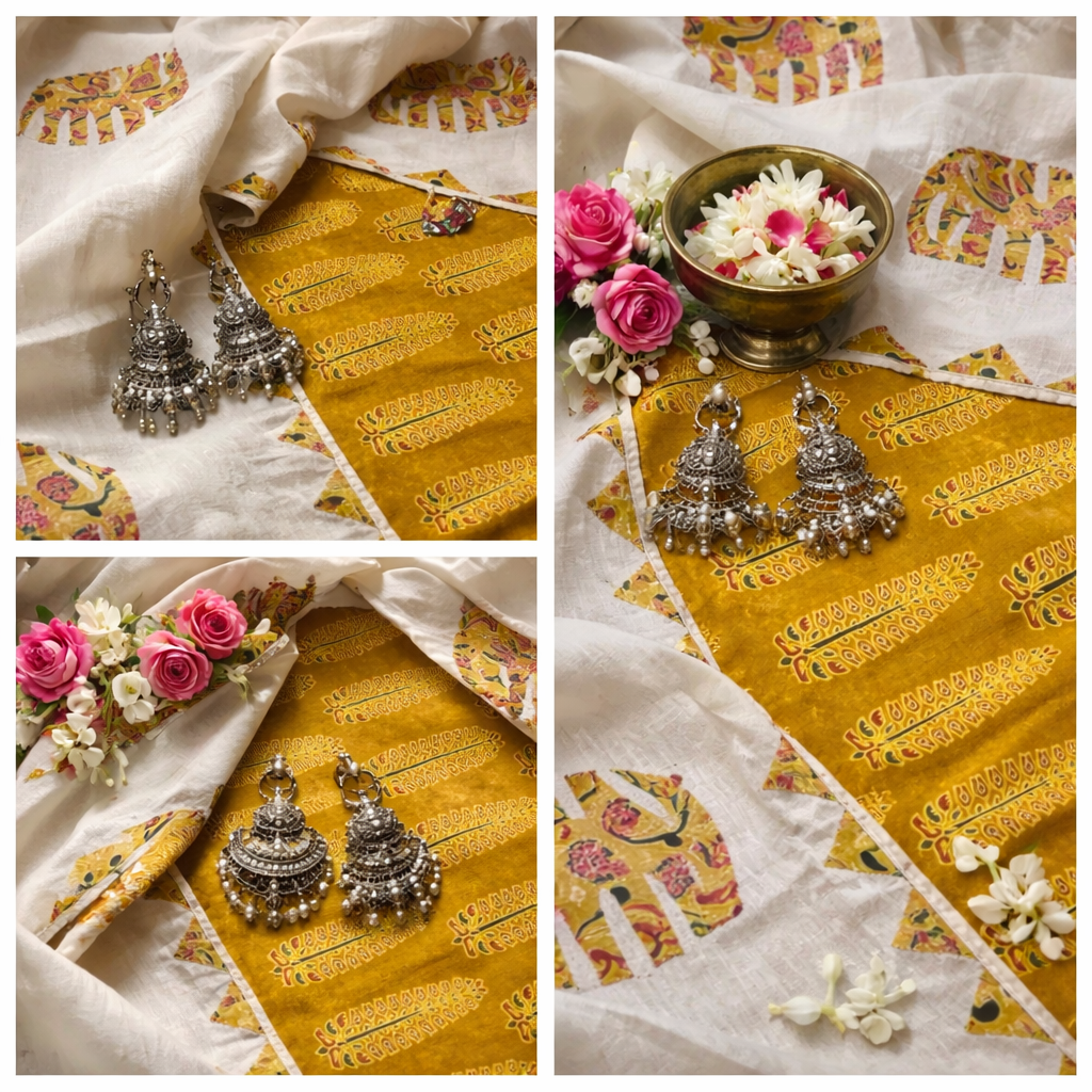 2pc premium mustard suit set, cotton block printed kurta and applique dupatta