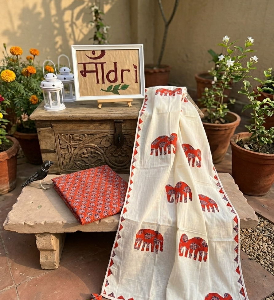 Ajrakh × Appliqué · Unstitched Kurta Set - Rustic orange.
