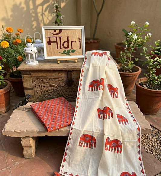 Ajrakh × Appliqué · Unstitched Kurta Set - Rustic orange.