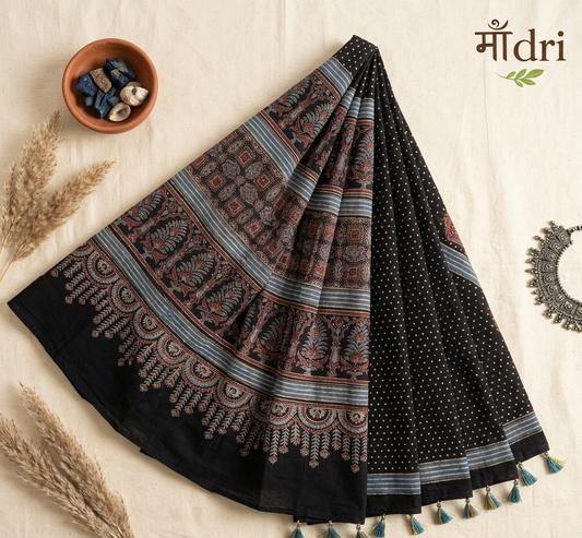 Ajrakh Saree · Charcoal Black with Rust & Ivory Panels