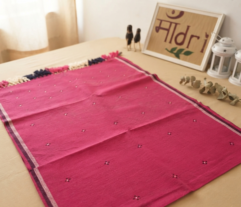 Handwoven Pink Kala Cotton Tangaliya Stole with Tasselled Ends