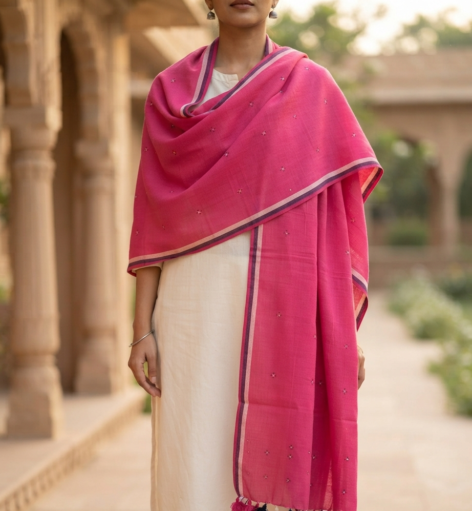 Handwoven Pink Kala Cotton Tangaliya Stole with Tasselled Ends
