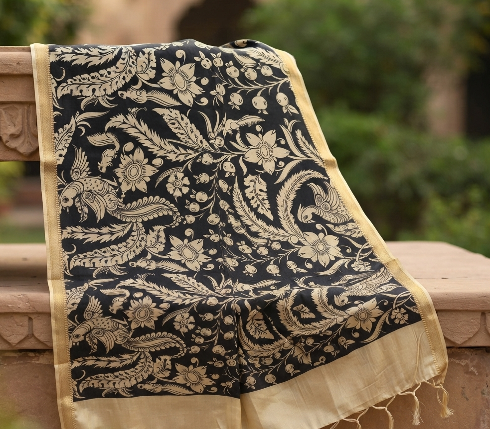 Tota Bagh Kalamkari Print Silk Dupatta - Black & Ivory with Zari Border