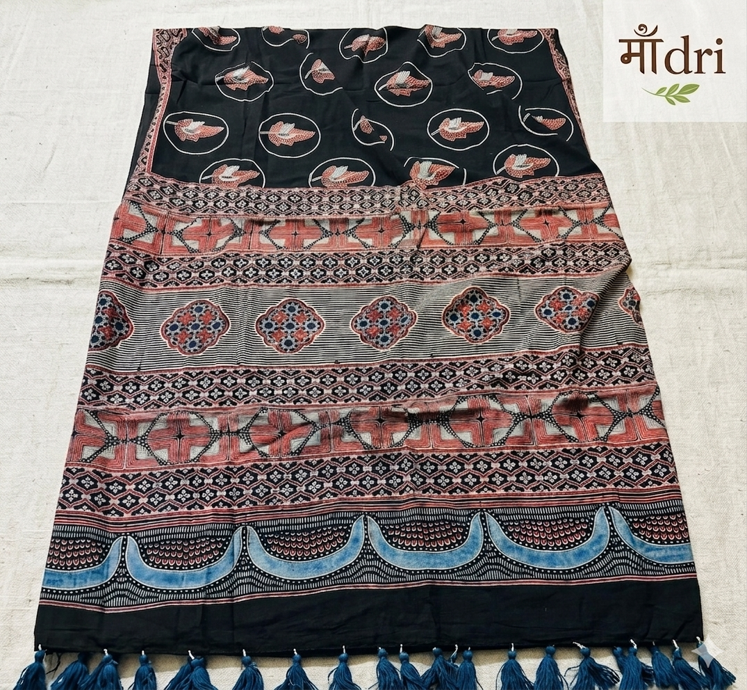 Ajrakh Saree · Navy Blue with leaf Motifs