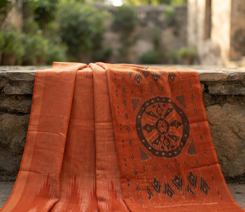 Sambalpuri Ikat Cotton Saree - Rust Orange with Charcoal Wheel Medallion Pallu