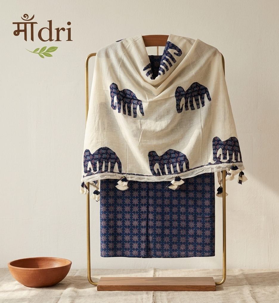 Ajrakh × Appliqué · Unstitched Kurta Set · Rich Indigo I