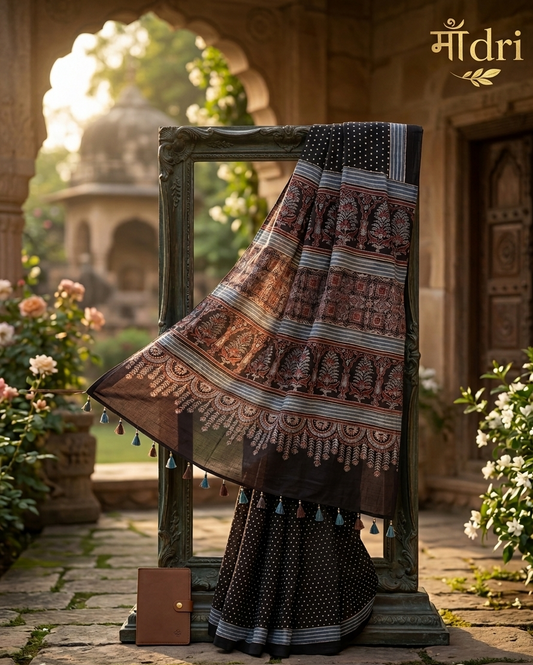 Ajrakh Saree · Charcoal Black with Rust & Ivory Panels