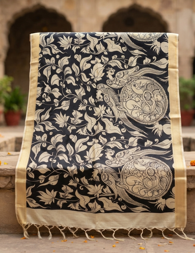 Noor-e-Mor: Black Bangalore Silk Dupatta with Hand-Painted Kalamkari Peacocks