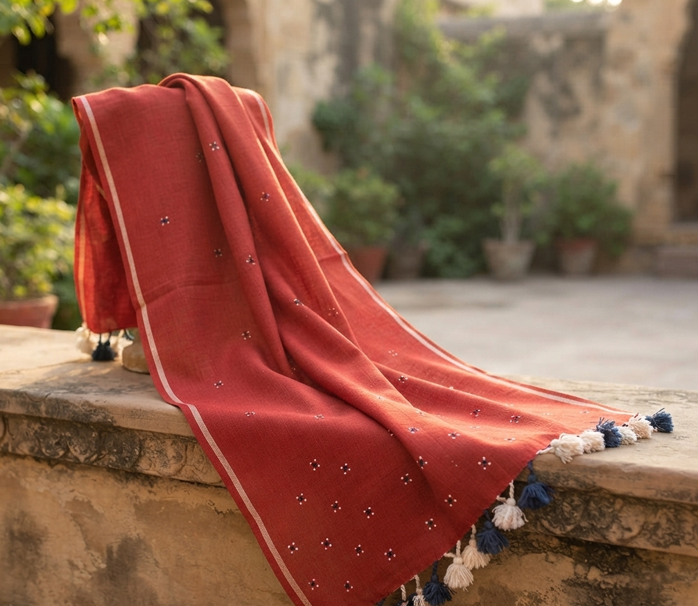 Handwoven Brick Red Kala Cotton Tangaliya Stole