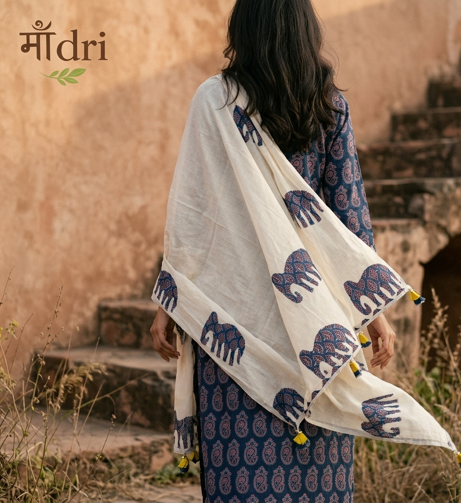 Ajrakh × Appliqué · Unstitched Kurta Set · Rich Indigo III