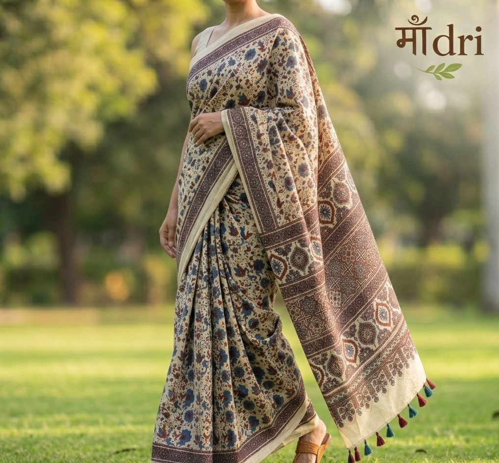 Ajrakh Saree · Cream beige with Indigo Floral & Geometric Borders