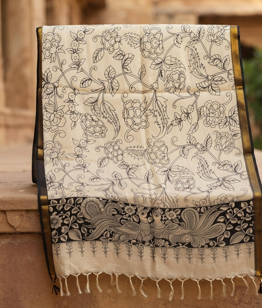Ivory Mayura Kalamkari Hand Printed Bangalore Silk Dupatta with Zari Border