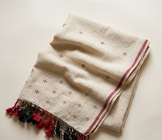 Handwoven Kala Cotton Tangaliya Dupatta/Stole-  Ivory