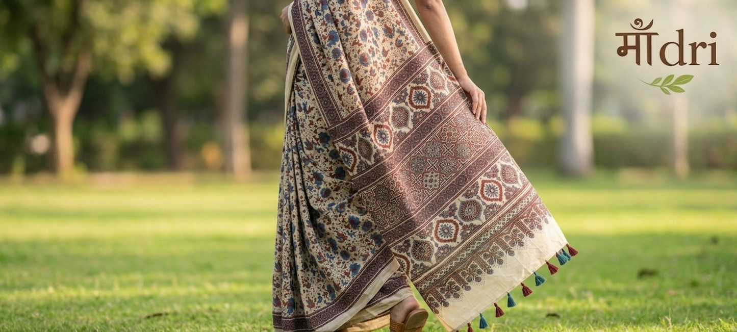 Ajrakh Saree · Cream beige with Indigo Floral & Geometric Borders